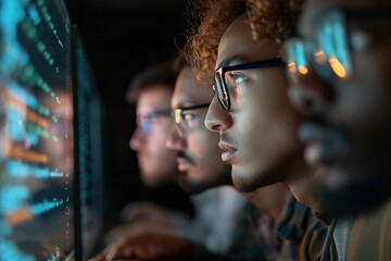 A team of tech experts brainstorming new cyber security measures, utilizing their collective knowledge and digital tools to enhance safety