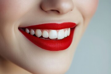 Obraz premium Human smiling mouth and nose. Closeup macro portrait of female part of face. Woman red lips with day beauty makeup. generative ai