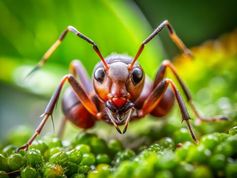 high angle shot of ant's mouthparts labium and maxillae in sharp focus against soft blurred natural greenery background evoking sense of busy foraging