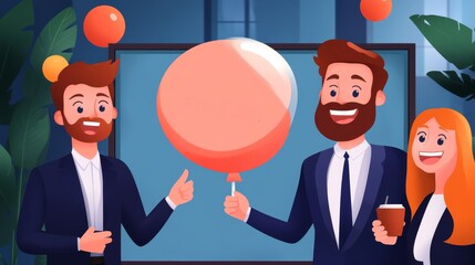 Business colleagues celebrating success with balloon. Animated characters in office environment, happy and smiling faces. Teamwork and success.