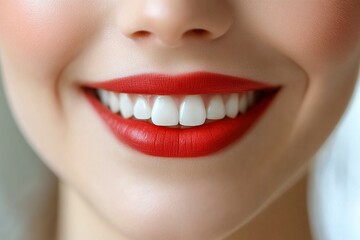 Human smiling mouth and nose. Closeup macro portrait of female part of face. Woman red lips with day beauty makeup. generative ai