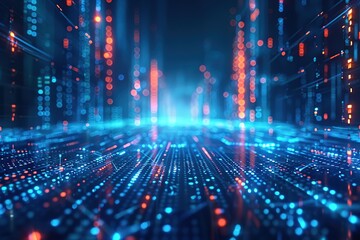 Technology background with abstract digital code motion cyberspace. Abstract high-tech blue neon background for communication concept with digital flow in a cyber space matrix