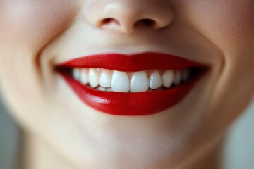 Human smiling mouth and nose. Closeup macro portrait of female part of face. Woman red lips with day beauty makeup. generative ai