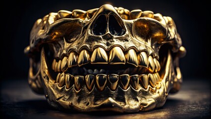 gold-plated armored jaws sinister dark tone high-contrast