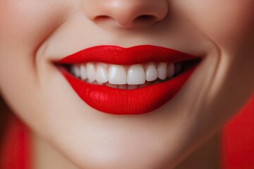Fototapeta premium Human smiling mouth and nose. Closeup macro portrait of female part of face. Woman red lips with day beauty makeup. generative ai