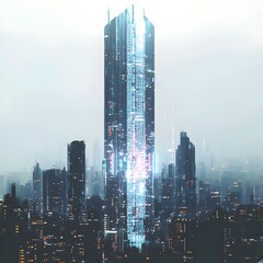 Obraz premium Towering Skyscraper Adorned with Shimmering Digital Projections Against Synthwave-Infused Cityscape