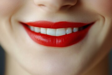 Obraz premium Human smiling mouth and nose. Closeup macro portrait of female part of face. Woman red lips with day beauty makeup. generative ai