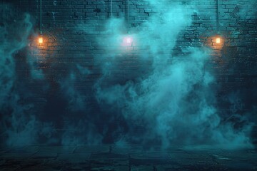 Fototapeta premium Old brick wall with neon lights. Dark empty old night street, smoke, smog. Textured brick walls