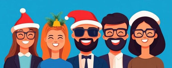 Cheerful group of friends celebrating holidays in festive hats and glasses, smiling together against a bright blue background.
