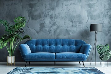 Sleek and Stylish Grey interior with stylish upholstered blue sofa and lamp