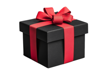 3D Black Friday gift box icon with a red bow and sale tag isolated on transparent background 