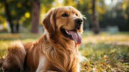 Golden Retriever dog laying on grass in a park, tongue out, enjoying a sunny day. Pet companionship, outdoor recreation, family pets.