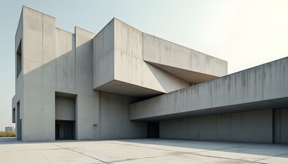 Fototapeta premium A modern gray building with large windows and a concrete driveway, showcasing a minimalist and elegant architectural style. Ideal for depicting contemporary design and urban aesthetics.