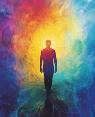 Cover of a poster for embrace your light with human shape, chromatic intensity data visualization effect