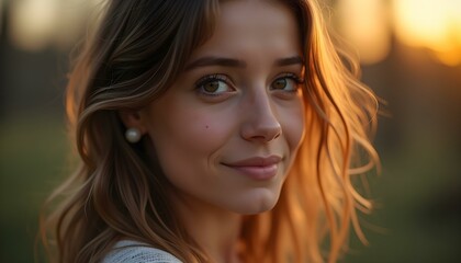 Fototapeta premium A young woman posing for a photo in front of a large window, with a picturesque view of the forest and sunset. A subtle and natural scene combining the beauty of nature with soft lighting