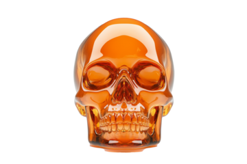 3D glass skull with glowing Halloween themed details isolated on transparent background 
