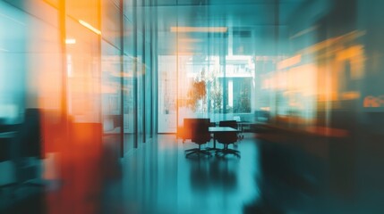 A modern office interior with blurred reflections and colorful lighting during late afternoon