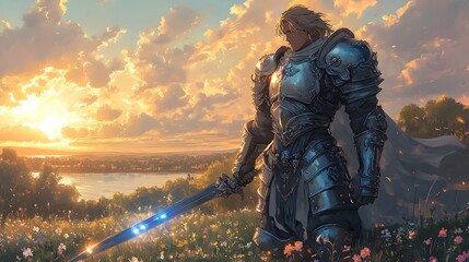 Stalwart Paladin Brandishing Radiant Claymore in Serene Meadow Landscape