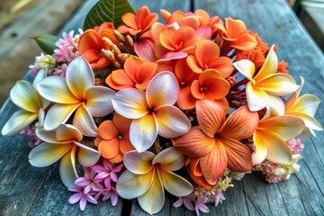 Obraz premium Delicate petals of cherry blossom, orchid, frangipani, and plumeria flowers, arranged in a romantic bouquet, isolated on a transparent PNG background, evoking spring and summer blooms.