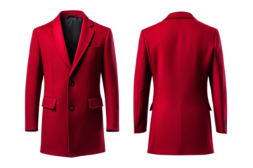 Bold burgundy coat front and back mock up with tailored fit and flap pockets isolated on transparent background 