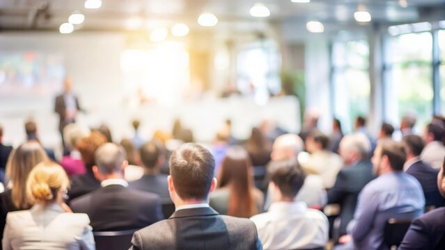 blurred Audience at the conference hall. Speaker giving a talk on corporate Business Conference. Business and Entrepreneurship event