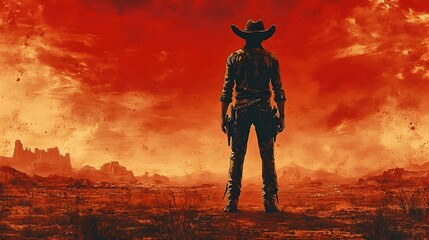Fototapeta premium Lone Cowboy Silhouetted Against Roiling Crimson Sky in Arid Post-Apocalyptic Landscape