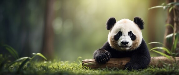 A Curious Giant Panda Cub Resting on a Log in a Lush Forest