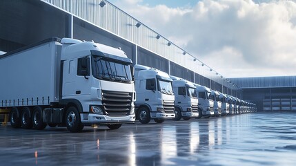 Close up fleet of trucks parked in front of warehouse to delivering factory goods. AI generated