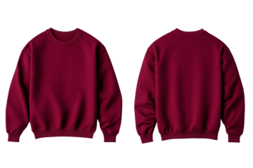 Deep burgundy pullover front and back mock up with ribbed hem and cuffs isolated on transparent background 