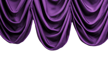 Dark purple velvet curtain with soft shadows and light highlights isolated on transparent background 
