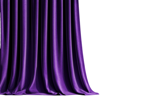 Dark purple velvet curtain with soft shadows and light highlights isolated on transparent background 