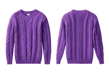 Deep purple sweater front and back mock up with classic cable knit design isolated on transparent background 