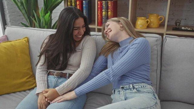 Two women laughing and embracing on a sofa in a cozy living room, expressing friendship and joy indoors.