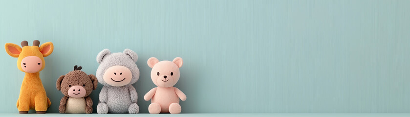 Colorful plush toys arranged against a soft blue background, perfect for children's decor or playful themes in photography.