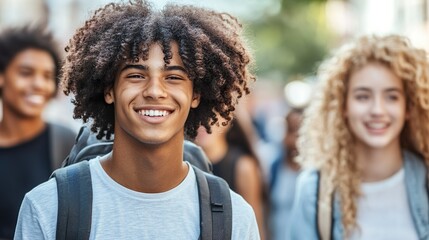 Fototapeta premium Teen Friends Walking Together Urban Streets Backpacks Smiling Summer