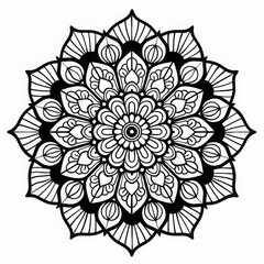 Hand-drawn intricate mandala with detailed patterns on a white background. Black and white ornamental design. Geometric line art for coloring book, design, and print. Generative AI