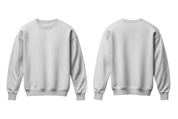 Light gray crew neck sweater front and back mock up with minimalist design and smooth texture isolated on transparent background 