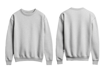 Light gray crew neck sweater front and back mock up with minimalist design and smooth texture isolated on transparent background 