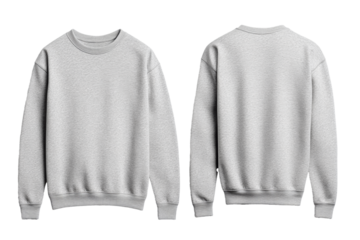 Light gray crew neck sweater front and back mock up with minimalist design and smooth texture isolated on transparent background 