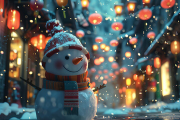 Cute snowman with a hat and scarf, smiling in a festive winter scene with falling snow and blurred street lights