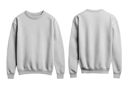 Light gray crew neck sweater front and back mock up with minimalist design and smooth texture isolated on transparent background 