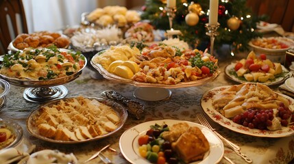 Obraz premium 74. A traditional holiday feast with a variety of dishes and festive table settings