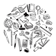 文房具イメージアイコン　円形　手描き白黒線画