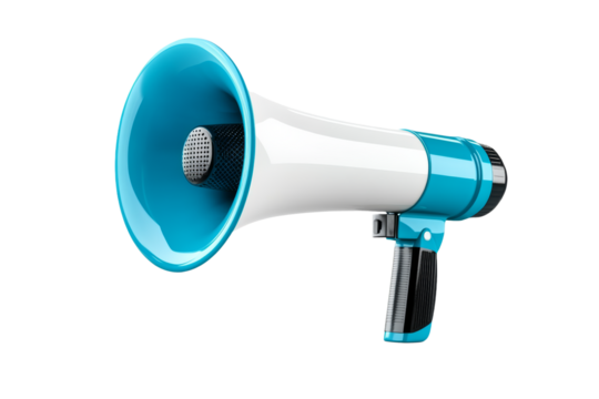 Metallic 3D Black Friday megaphone icon with blue accents isolated on transparent background 