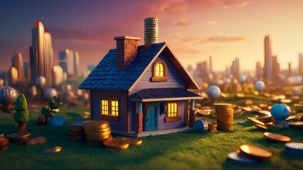 Step into a world of possibilities with a vibrant cartoon home, adorned with coins of all shapes and sizes, symbolizing the endless opportunities of real estate investment.