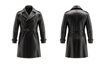 Sleek black leather trench coat front and back mock up with sharp lapels and fitted waist isolated on transparent background 