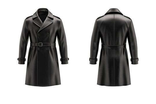 Sleek black leather trench coat front and back mock up with sharp lapels and fitted waist isolated on transparent background 
