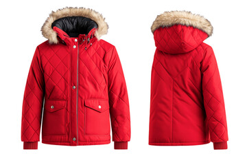Sleek red winter coat front and back mock up with fur lined hood and zipper details isolated on transparent background 