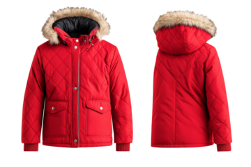 Sleek red winter coat front and back mock up with fur lined hood and zipper details isolated on transparent background 