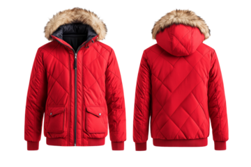 Sleek red winter coat front and back mock up with fur lined hood and zipper details isolated on transparent background 